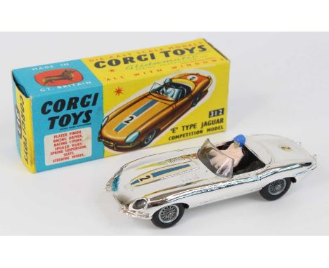 Corgi Toys, 312 'E' type Jaguar competition model, silver vacuum plated, RN2, driver, spoke wheels, in yellow and blue box wi