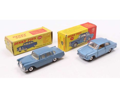 A Dinky Toys group of two to include a Dinky 139 Ford Consul Cortina comprising metallic blue body and tan interior with spun