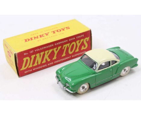 Dinky Toys 187 VW Karmann Ghia Coupe in green body and cream roof, spun hubs with white tyres in original boxpassenger side w