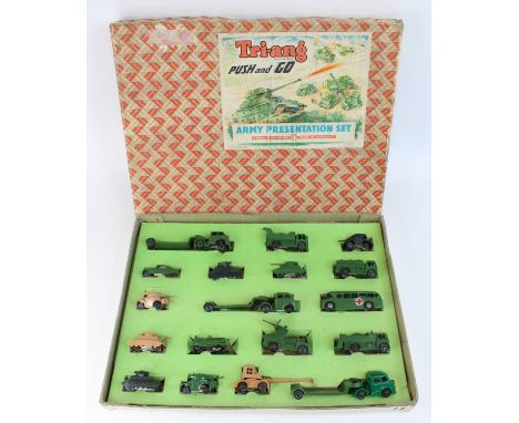 Triang Minic Push-and-go army presentation gift set comprising a variety of 00/H0 scale plastic friction drive military vehic