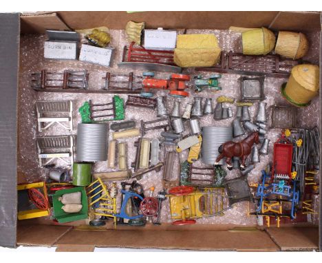 One tray containing a quantity of Britains and similar lead hollow cast and diecast miniatures to include a Charbens tractor,