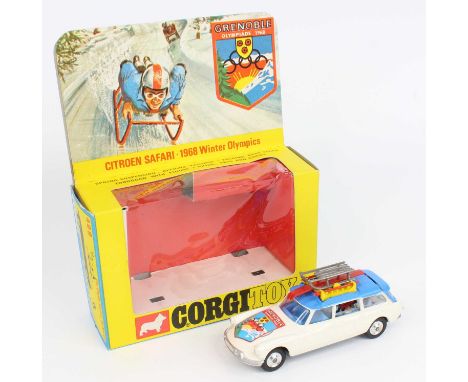 Corgi Toys No. 499 Citroen Safari 1968 Winter Olympics car, comprising white and blue body with blue interior, with two figur