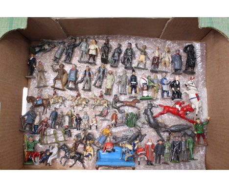 A tray of vintage lead military and civilian figures from many makers including 54mm and smaller scales . Railway, Farm, circ