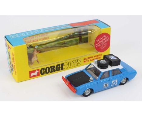 Corgi Toys, 302 Hillman Hunter Rally, blue body with white roof, matt bonnet, RN75, with equipment to roof, unused transfer s