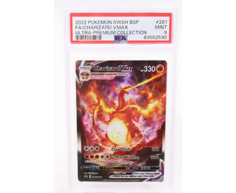 A PSA Graded 2022 Pokemon Sword and Shield "Charizard VMAX" Full Art Black Star Promo number SWSH261 from the Sword and Shiel