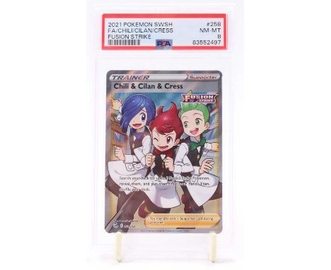 A PSA Graded 2021 Pokemon Sword and Shield Fusion Strike "Chili and Cilan and Cress" Full Art card 258/264 graded NM-MT 8 (PS
