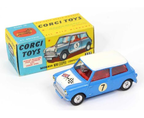 Corgi Toys No. 227 Morris Mini Cooper competition model, comprising of blue and white body with red interior and racing No.7,