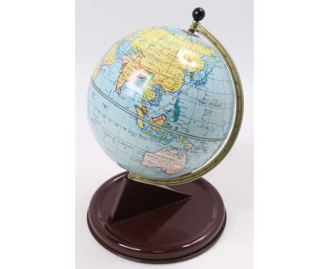 An original Chad Valley Vintage desk top Globe, comprising brown base with detailed tin printed globe, height 28cm