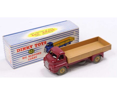 Dinky Toys, 922 Big Bedford Lorry, maroon cab and chassis, light tan back with cream hubs, in original blue and white Superto