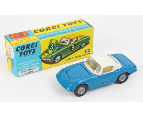 Corgi Toys No. 319 Lotus Elan Coupe comprising of blue body with white roof and matching interior, housed in the original blu