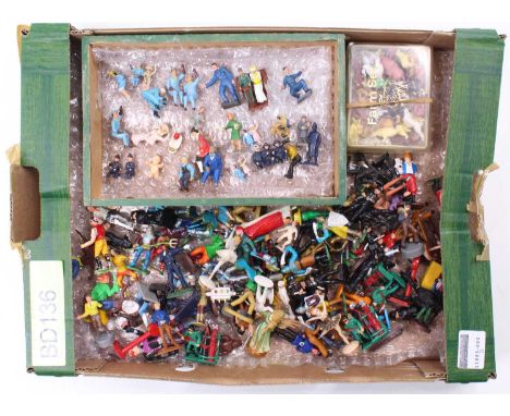 One tray containing approx 150+ various 10-40mm scale plastic figures by Britains, Corgi, and others to include Corgi Chitty 