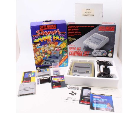 A Super Nintendo Entertainment System (SNES) "Super Game Boy Set" PAL Version, includes a Super NES Control Set with a contro