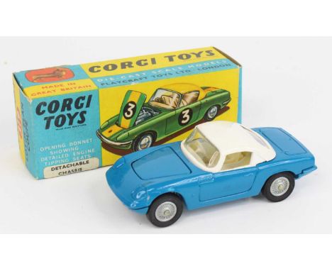 Corgi Toys No. 319 Lotus Elan Coupe comprising of blue body with white roof and cream interior with cast hubs, housed in the 