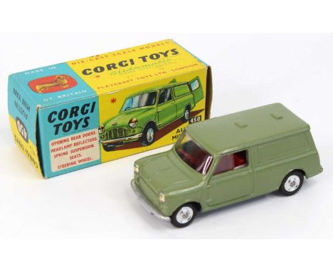 Corgi Toys No. 450 Austin Mini Van comprising of metallic green body with red interior and spun hubs, with jewelled headlight