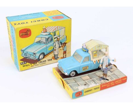 Corgi Toys No. 447 Walls Ice Cream van, comprising of a light blue body with spun hubs with an ice cream man vendor figure an