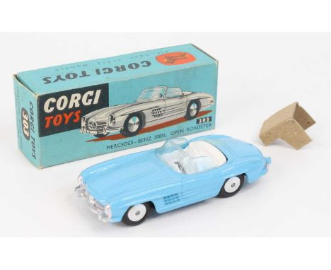 Corgi Toys No. 303 Mercedes Benz 300SL open roadster, comprising of light blue body with white interior, complete with flat s