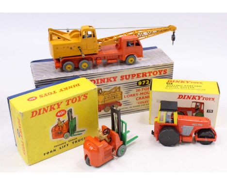 Dinky Toys Group of Three Constructrion Models to include; 401 Coventry Climax forklift truck, orange body with green forks, 