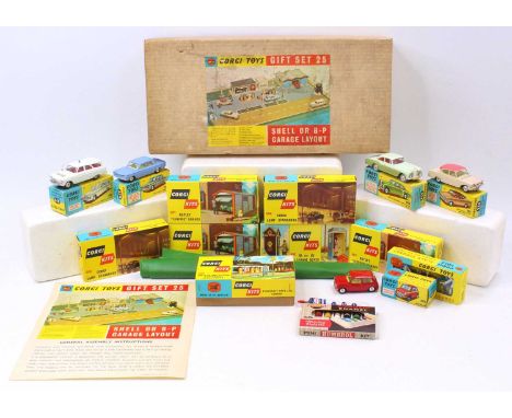 Corgi Toys Gift set 25 Shell or BP Garage with early box lid, contents to include 225 Austin Seven with red body and lemon in