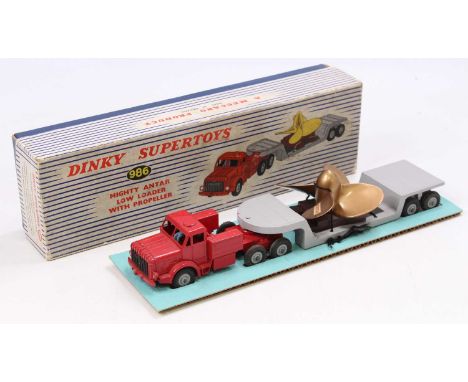 Dinky Toys No. 986 Mighty Antar low loader with propeller load comprising red tractor unit with grey low loader trailer, grey