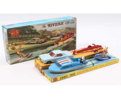 A Corgi Toys gift set No. 31 Buick Riveria Boat set, to include a light blue Buick Riviera with red boat trailer, together wi