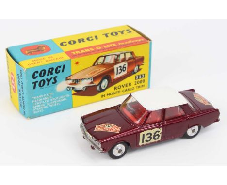 Corgi Toys No.322 Rover 2000 "Rallye Monte Carlo" - metallic maroon, white roof, red interior, racing decals to doors, bonnet