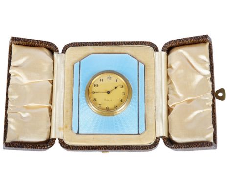 A Silver and Pale Blue Guilloche Enamel Travelling Clock, Maker's Mark BB S.Ld, Birmingham 1936:Of upright rectangular form w
