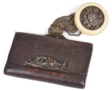 A Japanese Evening Purse:gimble mounted ivory Manju netsuke handle set with floral pierced decoration, on chain dropping to S