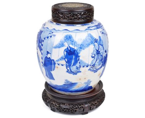 A Chinese blue and white jar with wooden coverKangxi period (1661-1722)Carefully decorated in bright, well-defined blue tones