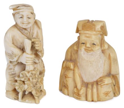 Two Meiji Period Ivory Netsukes of Seated Scholar and Man with Staff:The scholar with carved signature to the base, the other