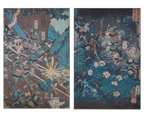 A Pair of Japanese Meiji Period Woodblock Prints of Military Scenes:together with two Oriental portrait watercolours of a lad