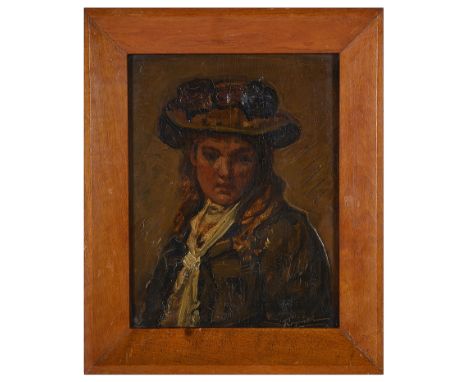 Dutch School (19th/20th century):Portrait study, oil on panel, indistinctly signed lower right & dated 1900, old label verso 