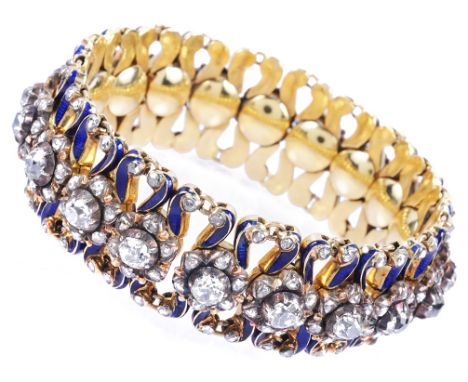 An Antique Diamond and Enamel Bracelet from the Collection of H.R.H. The Princess Margaret:Composed of old and rose-cut flora