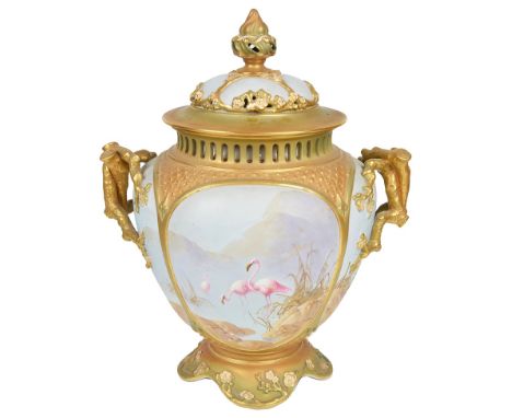 A George V Royal Worcester Two-Handled Flamingo Lidded Vase by Powell:Base marked with puce mark, also impressed 'R Rushton',