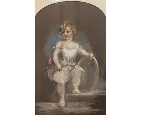 English School (19th century):Full length portrait of a child with hoop, coloured chalks on paper, H 57 x W 37 cm