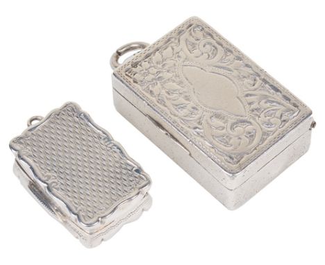A Victorian Silver Vinaigrette by George Unite, Birmingham 1873: Of shaped rectangular form with engine-turned decoration to 