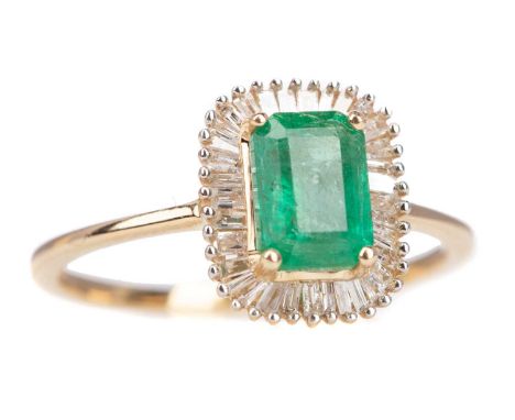 EMERALD AND DIAMOND RING,set with a step cut emerald within a baguette cut diamond halo, in nine carat gold, size O 1/2, 2g