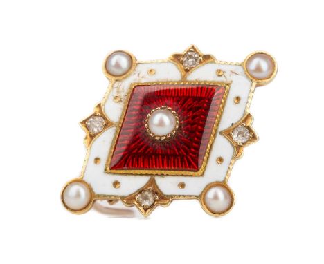 LATE VICTORIAN PEARL, DIAMOND AND ENAMEL BROOCH,the central red enamel section bordered by white, with pearls interspaced by 