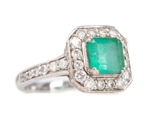 EMERALD AND DIAMOND DRESS RING,set with a step cut emerald within a diamond halo, hidden halo and diamond shoulders, the diam