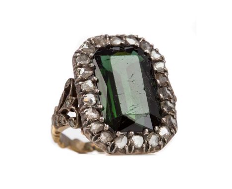 GEORGIAN GREEN GEM SET AND DIAMOND RING,set with a step cut green gem within a halo of rose cut diamonds, on diamond shoulder