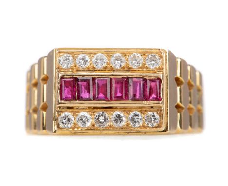 RUBY AND DIAMOND RING,set with a row of rubies flanked by round brilliant cut diamonds, unmarked, size R, 10.7g