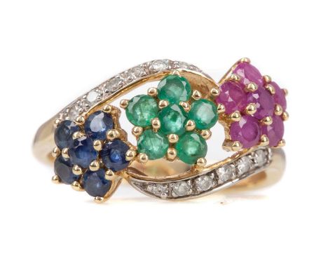 GEM SET CLUSTER RING,with ruby, emerald and sapphire flower clusters, flanked by diamonds, in nine carat gold size O, 3.1g