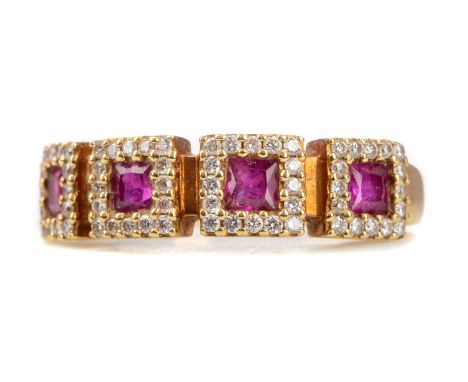 RUBY AND DIAMOND RING,set with rubies within diamond halos, the diamonds totalling approximately 0.40 carats, in in eighteen 