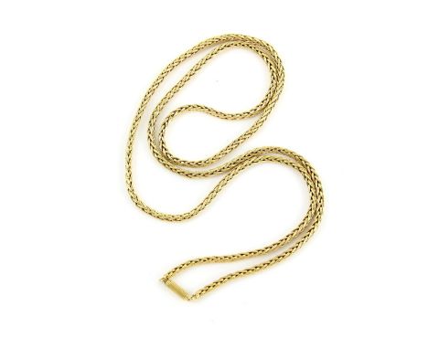 Vintage 1970's long Wheat link necklace, 3.5mm in diameter, textured tube clasp, in 18 ct yellow gold, 85cm in length.   COND