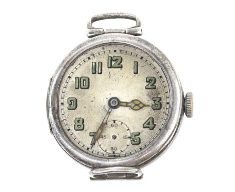 Rolex  An early silver round cased wrist watch, the double-hinged case  containing a The dial has unusual Arabic numerals, wh