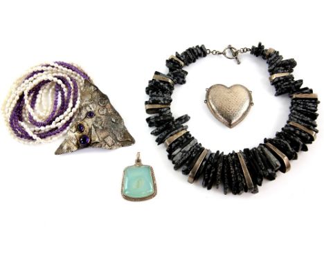 A group of silver and costume jewellery including amethyst and pearl pendant necklace,Silver heart pendant overlaid with gold