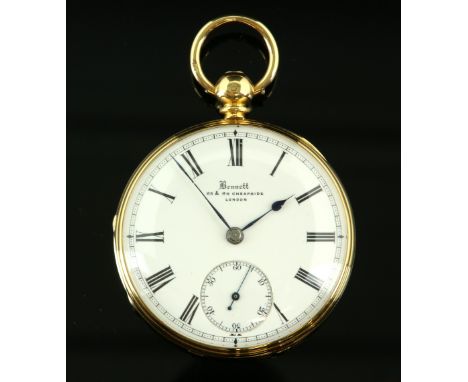 A  Victorian Open face 18 carat yellow gold pocket watch, the  white enamel dial signed Bennett, Cheapside with black roman n