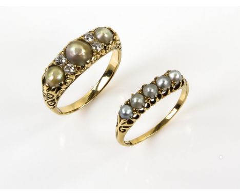 Two antique pearl rings, one set with four old cut diamonds and three pearls and another set with five grey pearls, both ring