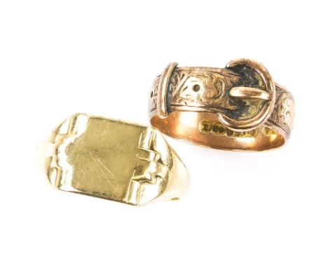 A Victorian buckle ring, hallmarked Birmingham 1897, ring size Q and a 1940's signet, size R, both in 9 ct gold.   CONDITION9