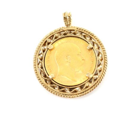 Edwardian full 1908 Sovereign in pendant mount, set in ornate twisted and beaded 9ct yellow gold mount, hallmarked London 198