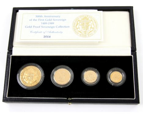 Royal Mint, 500th Anniversary issue of the first gold sovereign 1489-1989, gold proof sovereign collection. Comprising five p